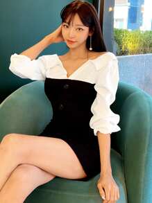 DAZY 雙色前紐扣緊身連衣裙 - 黑與白 - 查看 9