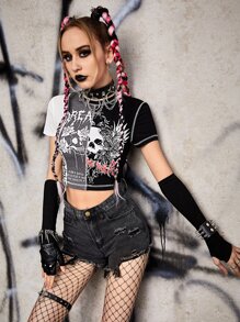 ROMWE PUNK Skull & Letter Graphic Crop Tee - Black and White - View 6