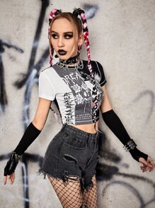 ROMWE PUNK Skull & Letter Graphic Crop Tee - Black and White - View 5