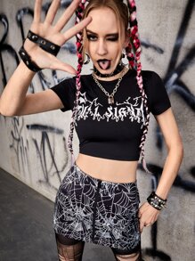 ROMWE PUNK Letter Graphic Crop Tee & Spider Web Print Skirt - Black - View 1