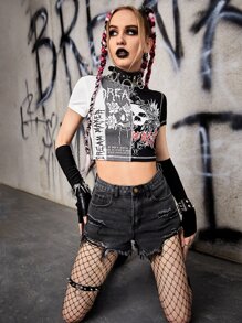 ROMWE PUNK Skull & Letter Graphic Crop Tee - Black and White - View 8