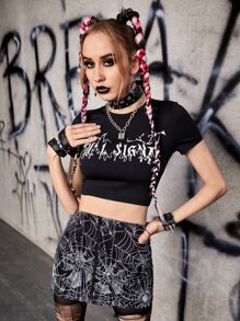 ROMWE PUNK Letter Graphic Crop Tee & Spider Web Print Skirt - Black - View 3