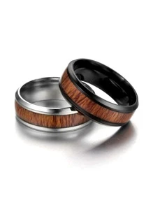 時尚流行2件套男士木質圖案戒指不銹鋼珠寶禮物和時尚外觀 - 彩色 - 查看 3
