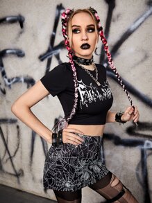 ROMWE PUNK Letter Graphic Crop Tee & Spider Web Print Skirt - Black - View 4