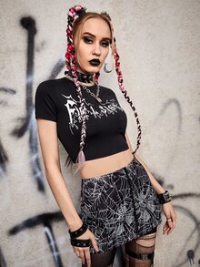 ROMWE PUNK Letter Graphic Crop Tee & Spider Web Print Skirt - Black - View 5