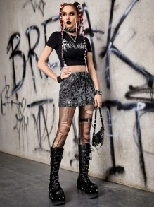 ROMWE PUNK Letter Graphic Crop Tee & Spider Web Print Skirt - Black - View 8