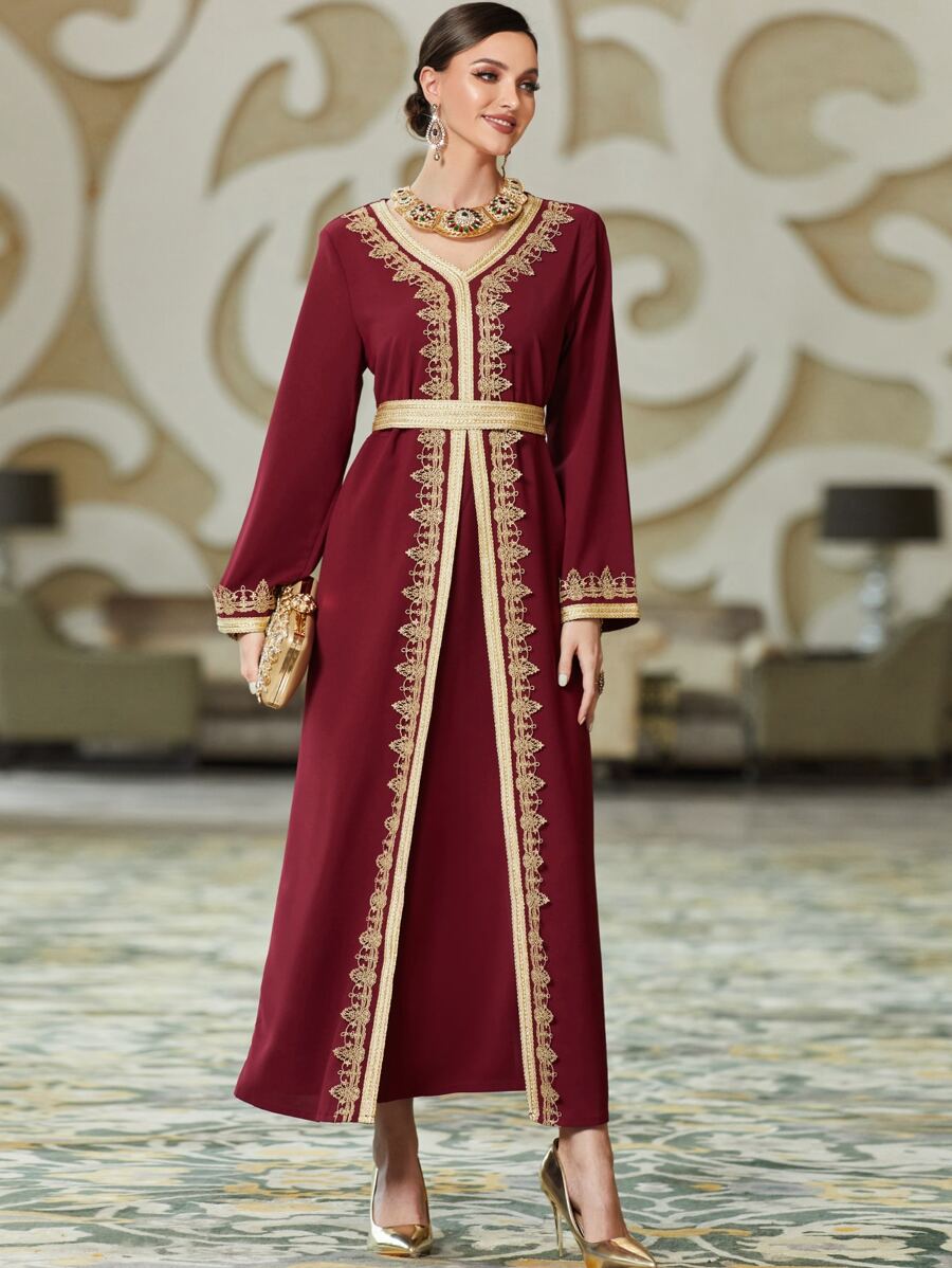 Al Najma Áo Kaftan thắt đai ren đỏ Burgundy - Màu Đỏ Sâu - Xem 1