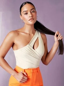 SHEIN BAE 單肩鏤空連體衣 - 米色 - 查看 5