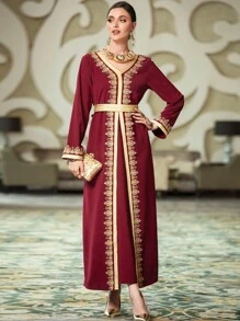 Al Najma Áo Kaftan thắt đai ren đỏ Burgundy - Màu Đỏ Sâu - Xem 3