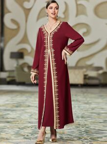 Al Najma Áo Kaftan thắt đai ren đỏ Burgundy - Màu Đỏ Sâu - Xem 4