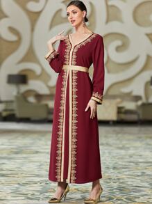 Al Najma Áo Kaftan thắt đai ren đỏ Burgundy - Màu Đỏ Sâu - Xem 5