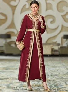 Al Najma Áo Kaftan thắt đai ren đỏ Burgundy - Màu Đỏ Sâu - Xem 6