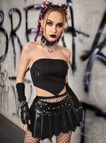 ROMWE PUNK Buckle Detail Bandana Hem Tube Top Without Arm Sleeves - Black - View 1