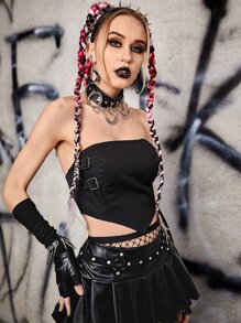 ROMWE PUNK Buckle Detail Bandana Hem Tube Top Without Arm Sleeves - Black - View 4