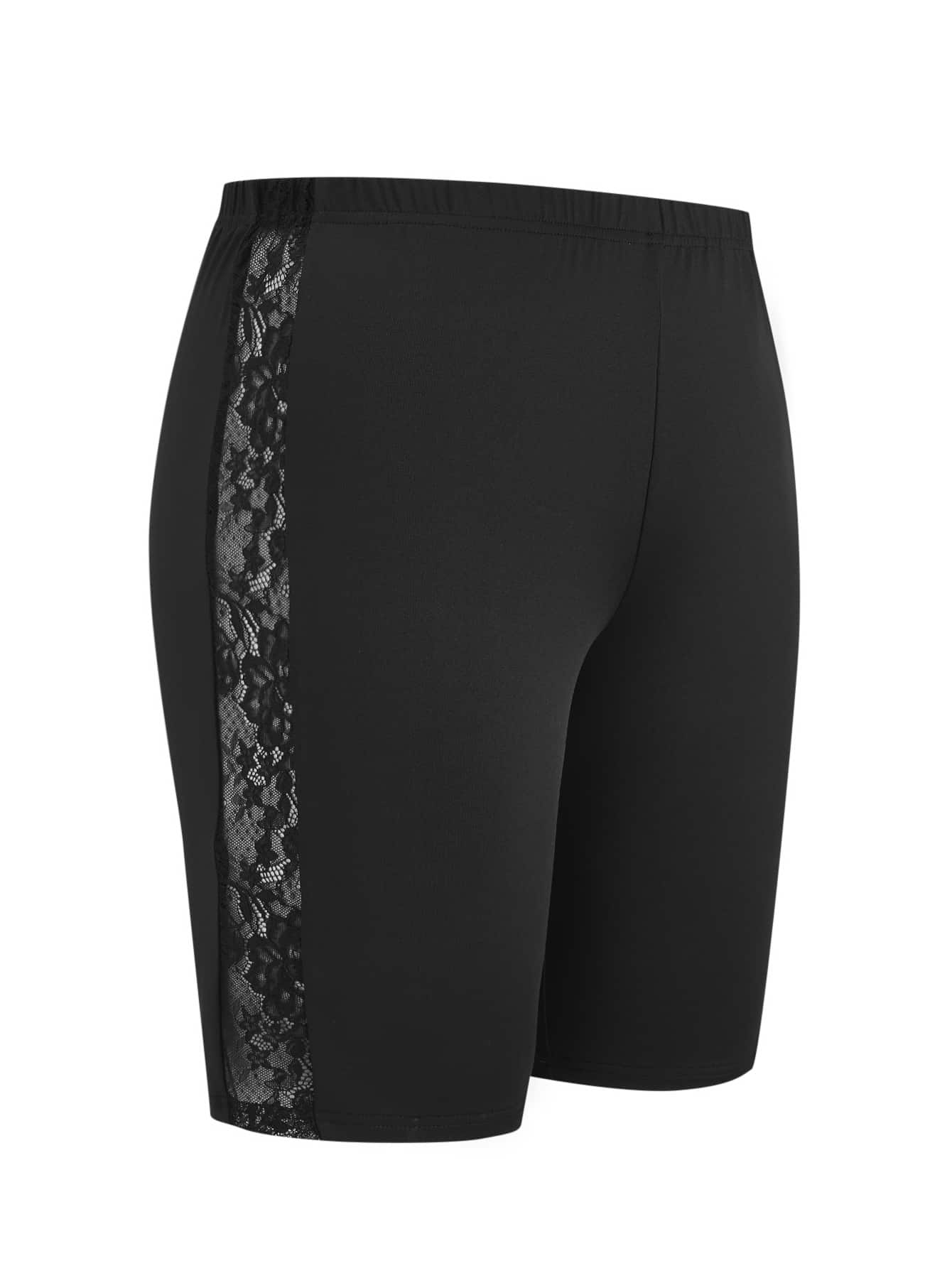 SHEIN LUNE Shorts biker unicolor con encaje en contraste - Negro - Ver 1