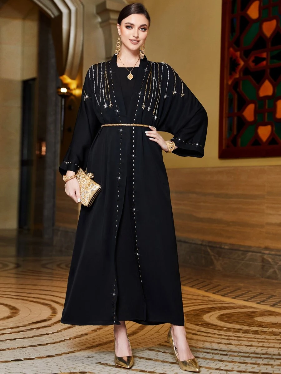 Al Najma Rhinestone Detail Batwing Sleeve Belted Abaya & Dress - Black - View 1
