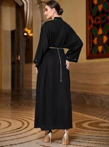 Al Najma Rhinestone Detail Batwing Sleeve Belted Abaya & Dress - Black - View 2
