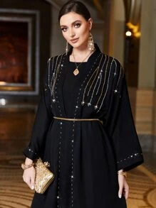 Al Najma Rhinestone Detail Batwing Sleeve Belted Abaya & Dress - Black - View 3