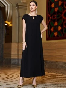 Al Najma Rhinestone Detail Batwing Sleeve Belted Abaya & Dress - Black - View 4