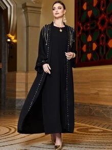 Al Najma Rhinestone Detail Batwing Sleeve Belted Abaya & Dress - Black - View 6