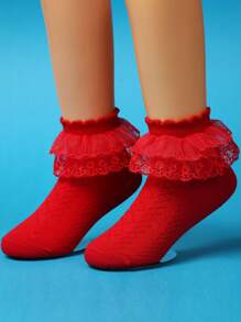 Niñas Calcetines tobilleros ribete con fruncido - Rojo - Ver 1