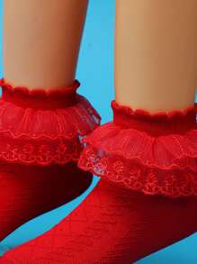 Niñas Calcetines tobilleros ribete con fruncido - Rojo - Ver 2