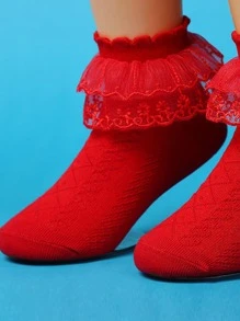 Niñas Calcetines tobilleros ribete con fruncido - Rojo - Ver 4