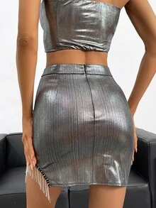 SHEIN BAE Fringe Trim Metallic Bodycon Skirt - Silver - View 2