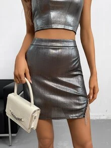 SHEIN BAE Fringe Trim Metallic Bodycon Skirt - Silver - View 5