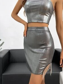 SHEIN BAE Fringe Trim Metallic Bodycon Skirt - Silver - View 6