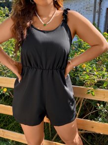 SHEIN LUNE Plus Frill Trim Solid Cami Romper - Black - View 3