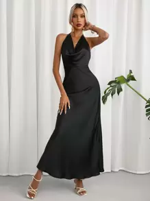 GENKIRA Vestido unicolor de espalda abierta de cuello halter - Negro - Ver 3