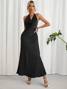 GENKIRA Vestido unicolor de espalda abierta de cuello halter - Negro - Ver 5
