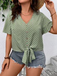 SHEIN LUNE Áo sơ mi Plus Size Thắt nút Nút phía trước Chấm bi Giải trí - Màu xanh Bạc hà - Xem 2