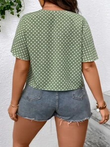 SHEIN LUNE Áo sơ mi Plus Size Thắt nút Nút phía trước Chấm bi Giải trí - Màu xanh Bạc hà - Xem 4