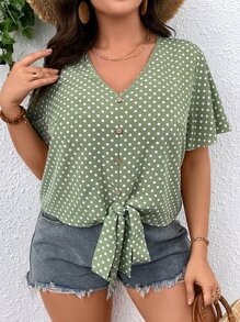 SHEIN LUNE Áo sơ mi Plus Size Thắt nút Nút phía trước Chấm bi Giải trí - Màu xanh Bạc hà - Xem 3
