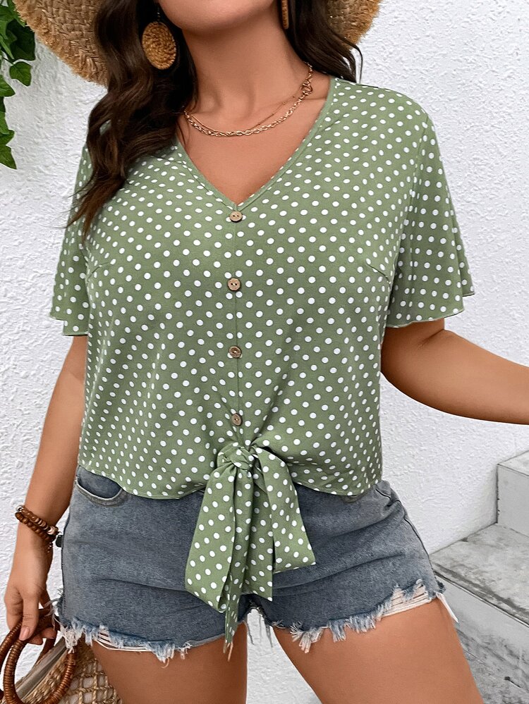 SHEIN LUNE Áo sơ mi Plus Size Thắt nút Nút phía trước Chấm bi Giải trí - Màu xanh Bạc hà - Xem 5