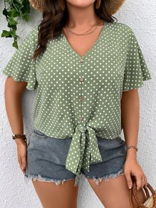 SHEIN LUNE Áo sơ mi Plus Size Thắt nút Nút phía trước Chấm bi Giải trí - Màu xanh Bạc hà - Xem 1