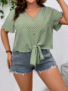 SHEIN LUNE Áo sơ mi Plus Size Thắt nút Nút phía trước Chấm bi Giải trí - Màu xanh Bạc hà - Xem 6