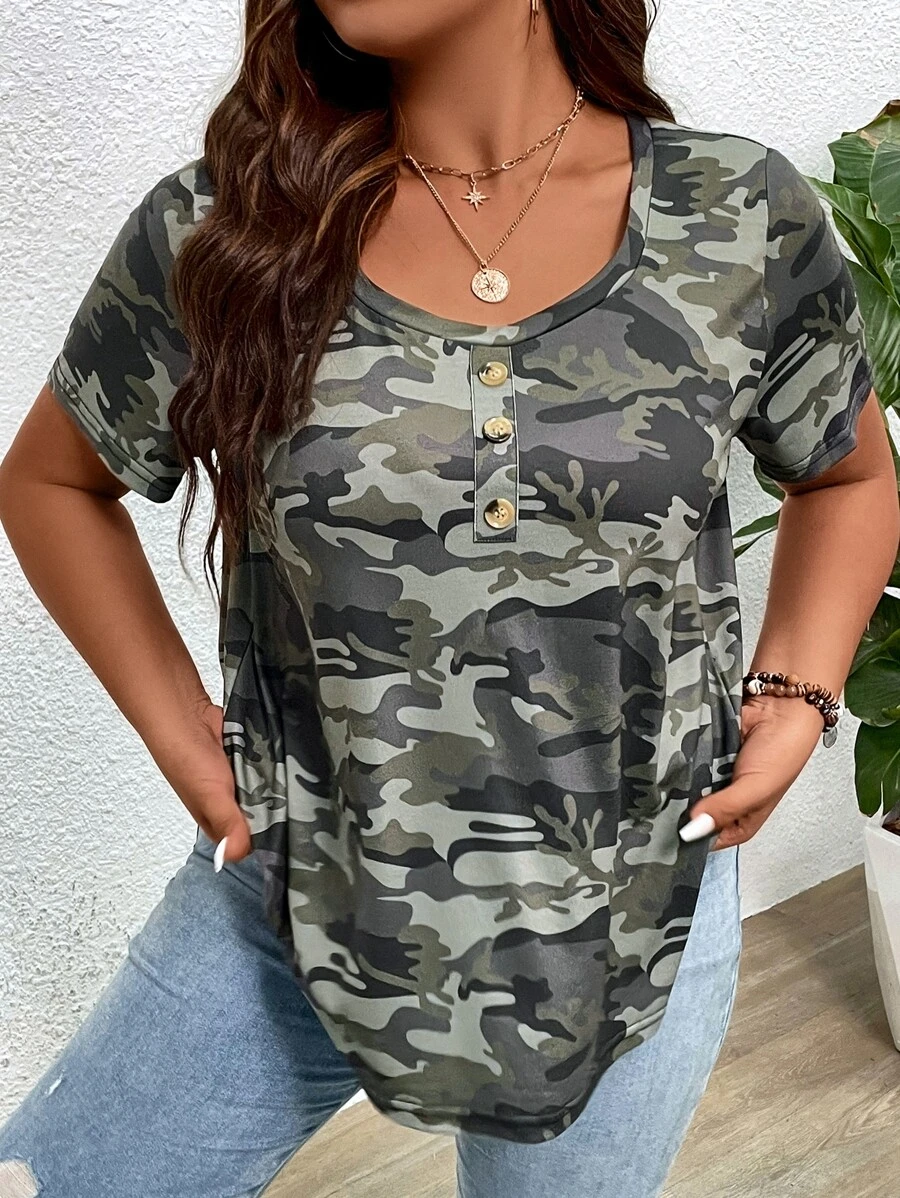 SHEIN LUNE Plus Camo Print Curved Hem Tee - Army Green - View 1