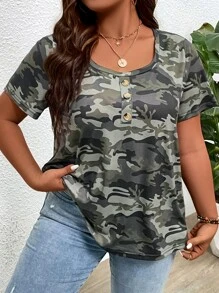 SHEIN LUNE Plus Camo Print Curved Hem Tee - Army Green - View 5