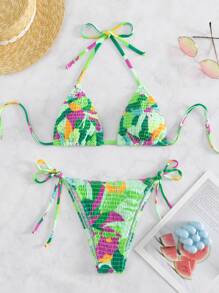 SHEIN Swim Summer Beach Graphic Print Smocked Halter Triangle Bikini Set - Multicolor - View 1