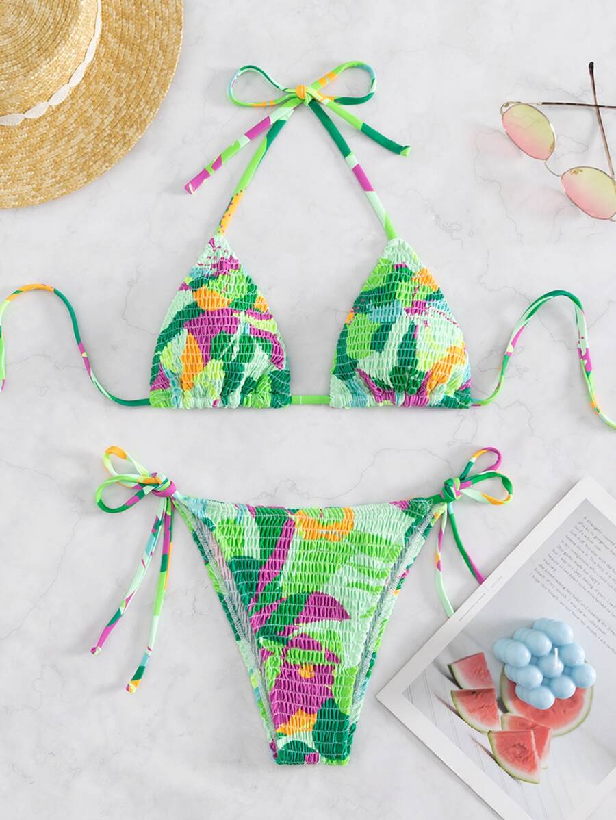 SHEIN Swim Summer Beach Graphic Print Smocked Halter Triangle Bikini Set - Multicolor - View 1