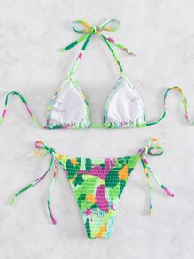 SHEIN Swim Summer Beach Graphic Print Smocked Halter Triangle Bikini Set - Multicolor - View 2
