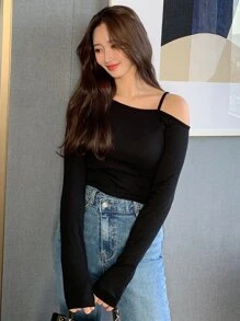 DAZY 纯色不对称领口 T 恤，秋季服装长袖女式上衣 - 黑色 - 查看 1