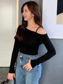 DAZY 纯色不对称领口 T 恤，秋季服装长袖女式上衣 - 黑色 - 查看 3