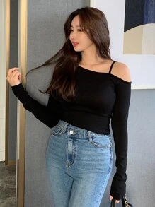 DAZY 纯色不对称领口 T 恤，秋季服装长袖女式上衣 - 黑色 - 查看 8