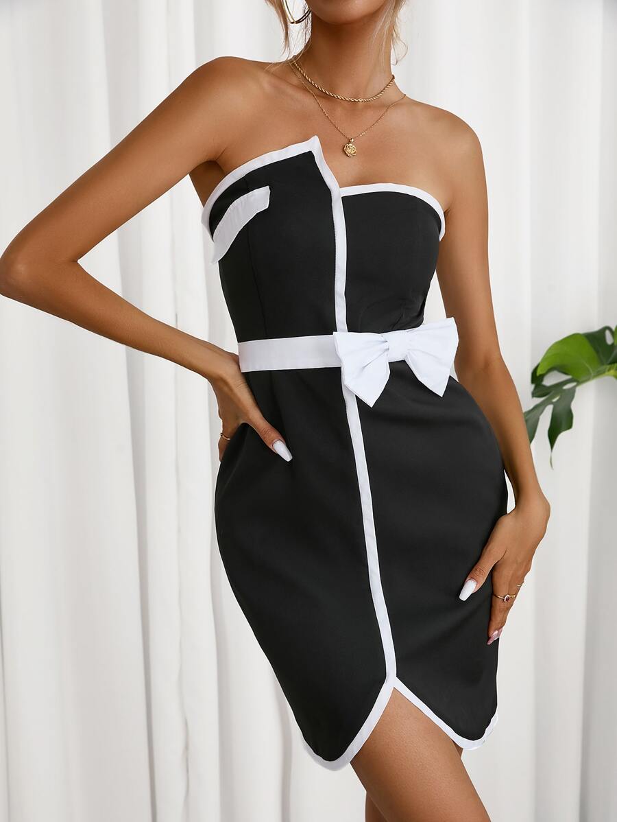SHEIN Essnce Contrast Binding Bow Detail Tube Dress - Black - View 1