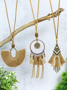 TopHanqi 3pcs/set Tassel & Circle Pendant Necklace - Multicolor - View 1