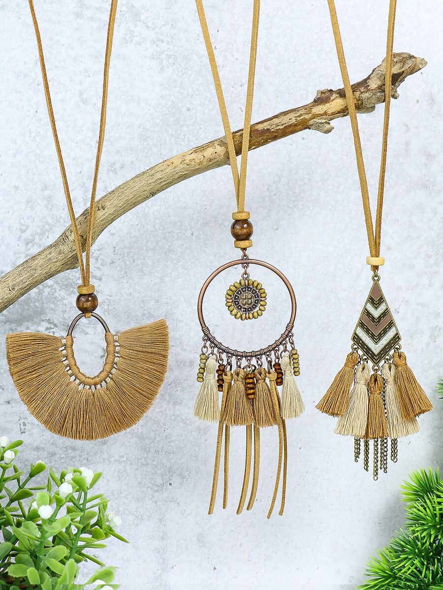 TopHanqi 3pcs/set Tassel & Circle Pendant Necklace - Multicolor - View 1